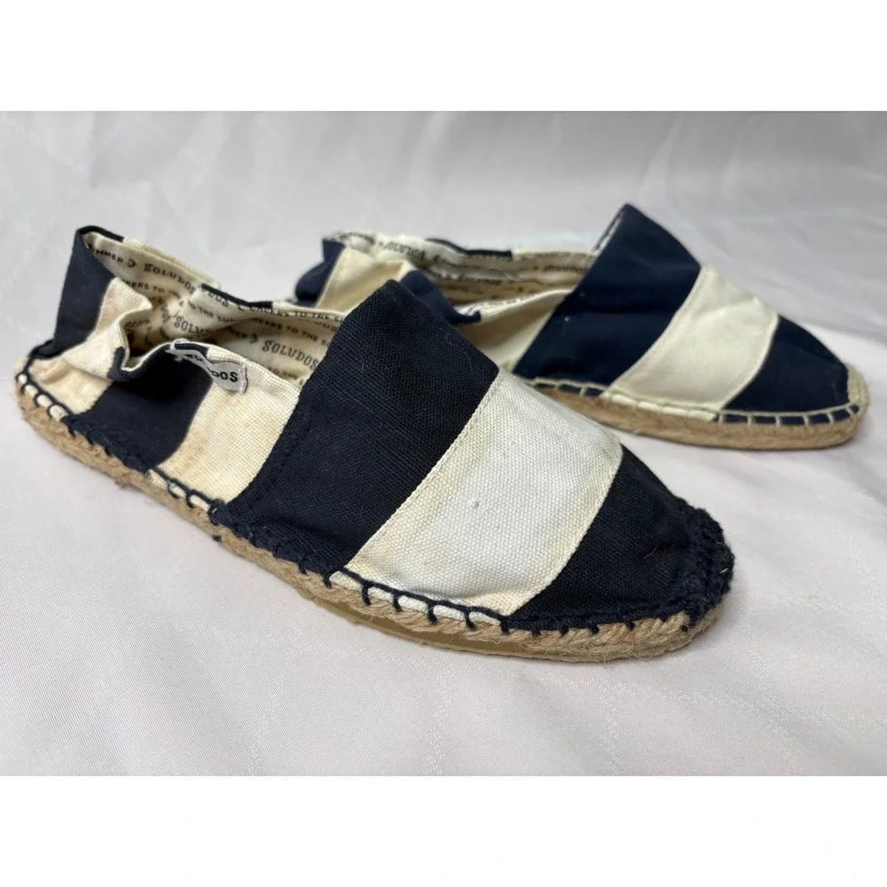 SOLUDOS Womens Navy White Striped Canvas Espadrille Flats Sz 36 Slip On Nautical